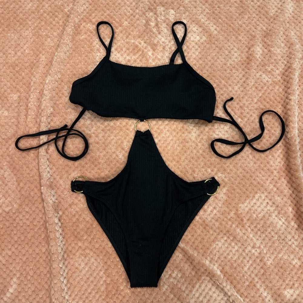 Black Ribbed Bikini/ One Piece With Gold Rings Adjustable Straps Size Medium